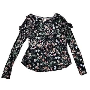 H&M Black Floral Shirt Long Sleeve Ruffle Round Neck Bohemian Fairy Whimsigoth S